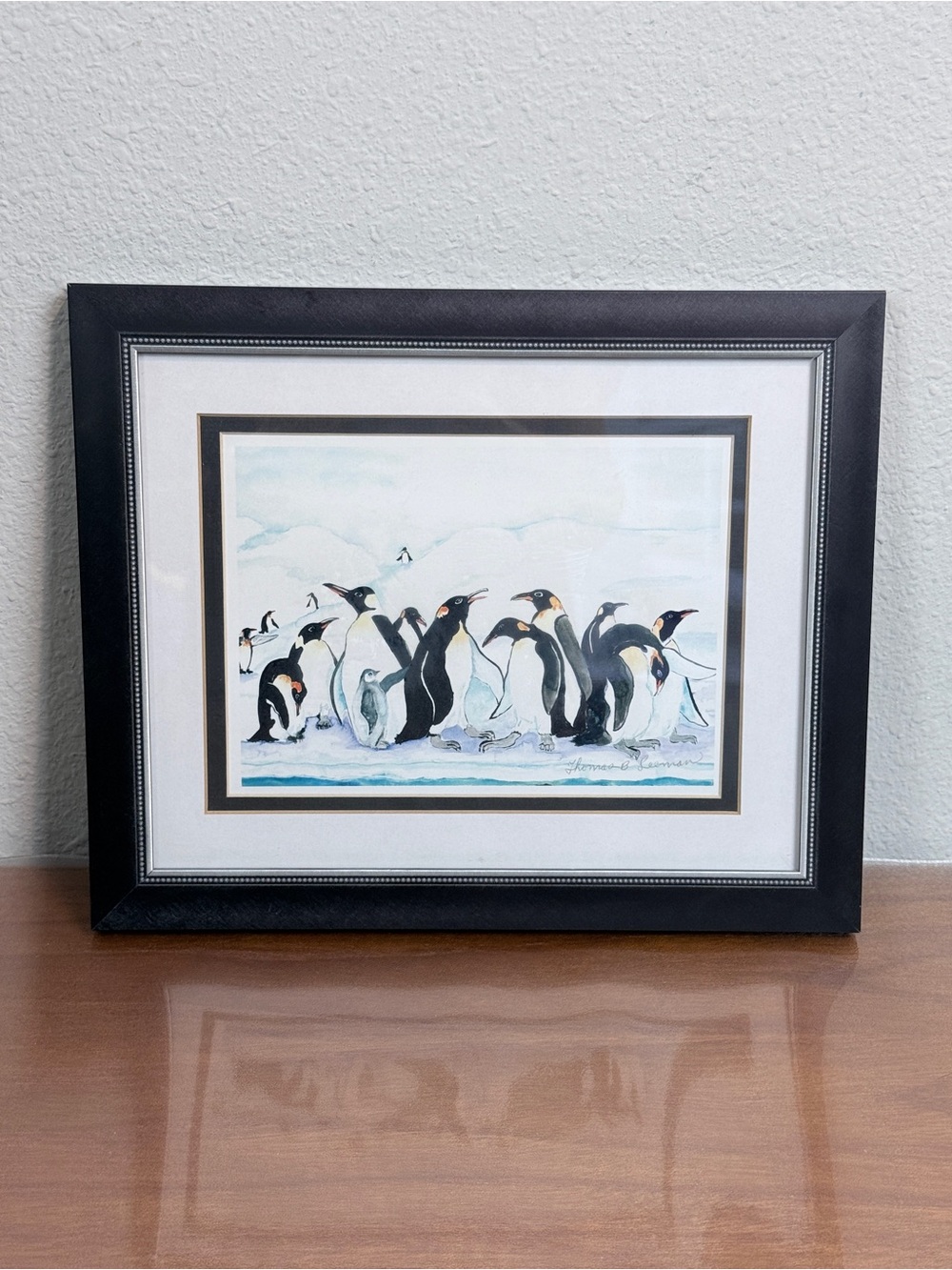 Penguin 5x7 Watercolor Art Print Black Frame Signed Thomas B. Leeman